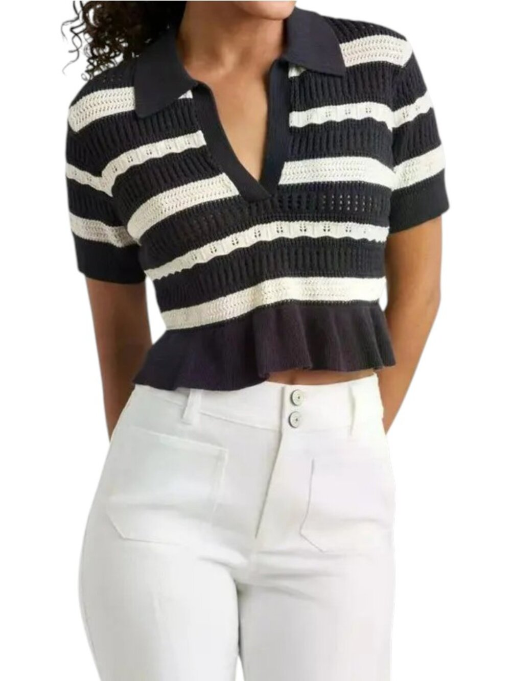 Cinq à Sept Elvire Knit Polo Pullover Navy Ivory Peplum Sweater S